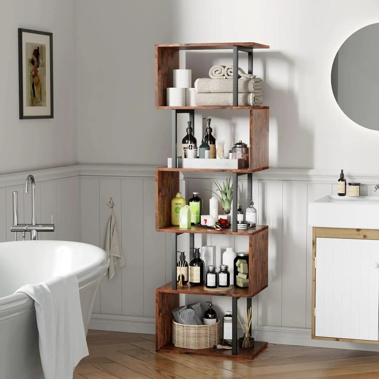 S Shaped 6 Tier Bookshelf Wood And Metal Room Divider from PriceLows™