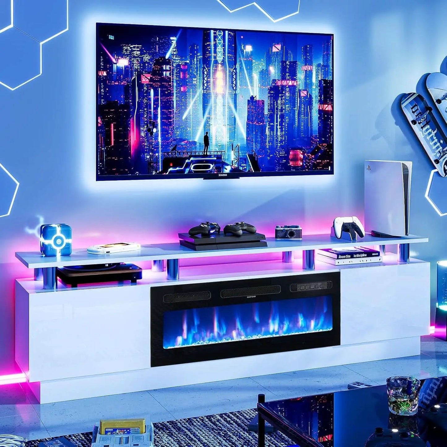 80 Inch White Electric Fireplace TV Stand With LED Lights from PriceLows™