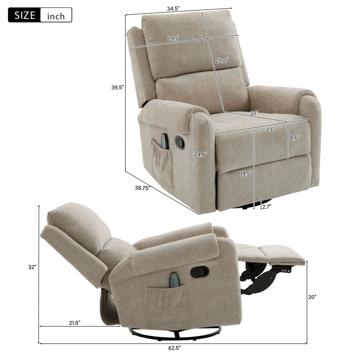 Manual Massage Recliner | Swivel Rocker | 8 Massage Modes | Side Storage Pocket