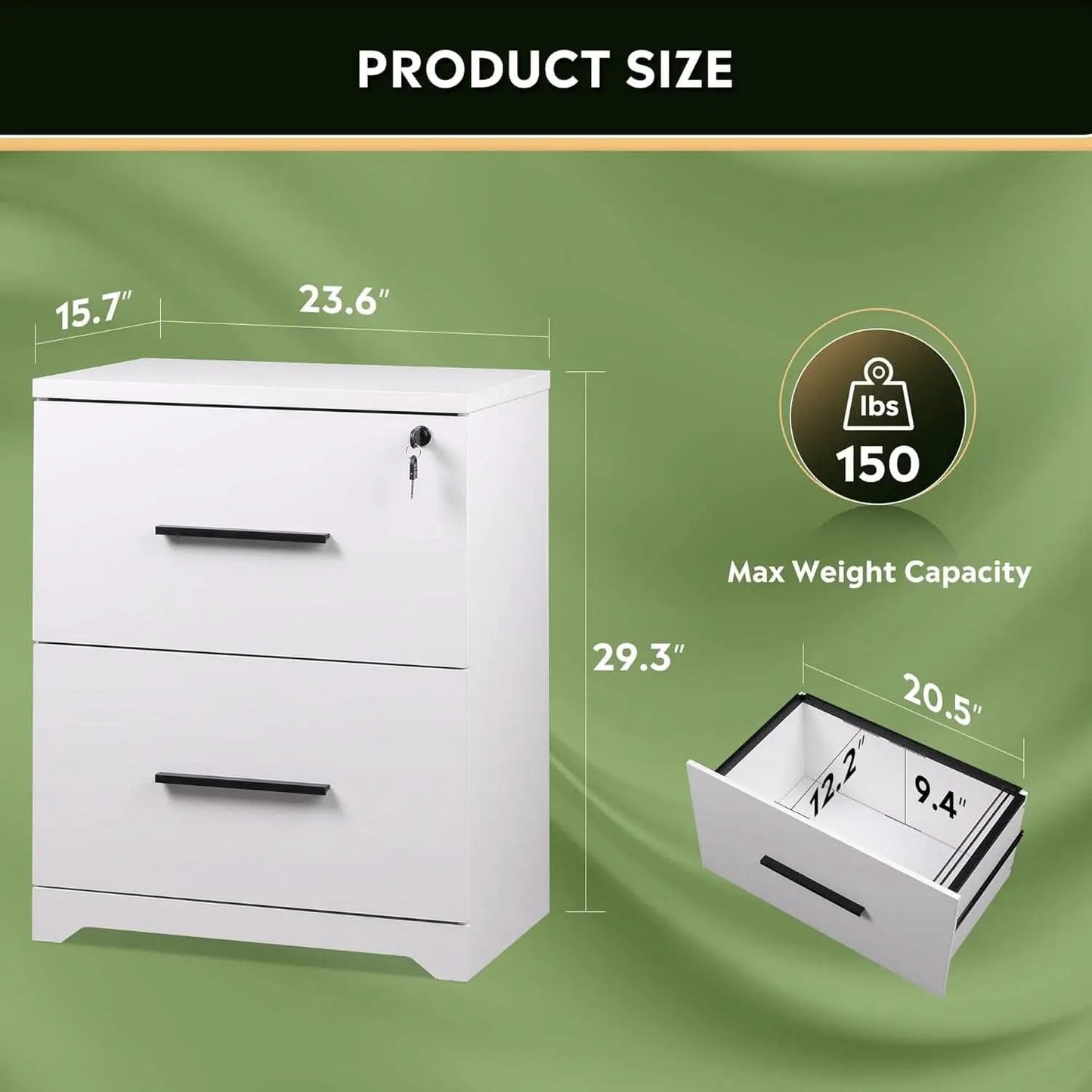 2 Drawer White Wood Lateral File Cabinet With Lock For Office Or Home Use Fits Any Desk from PriceLows™