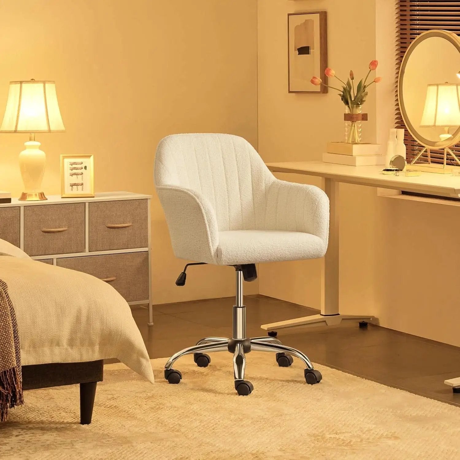 Ivory Boucle Vanity Chair Height Adjustable Makeup Desk Chair from PriceLows™