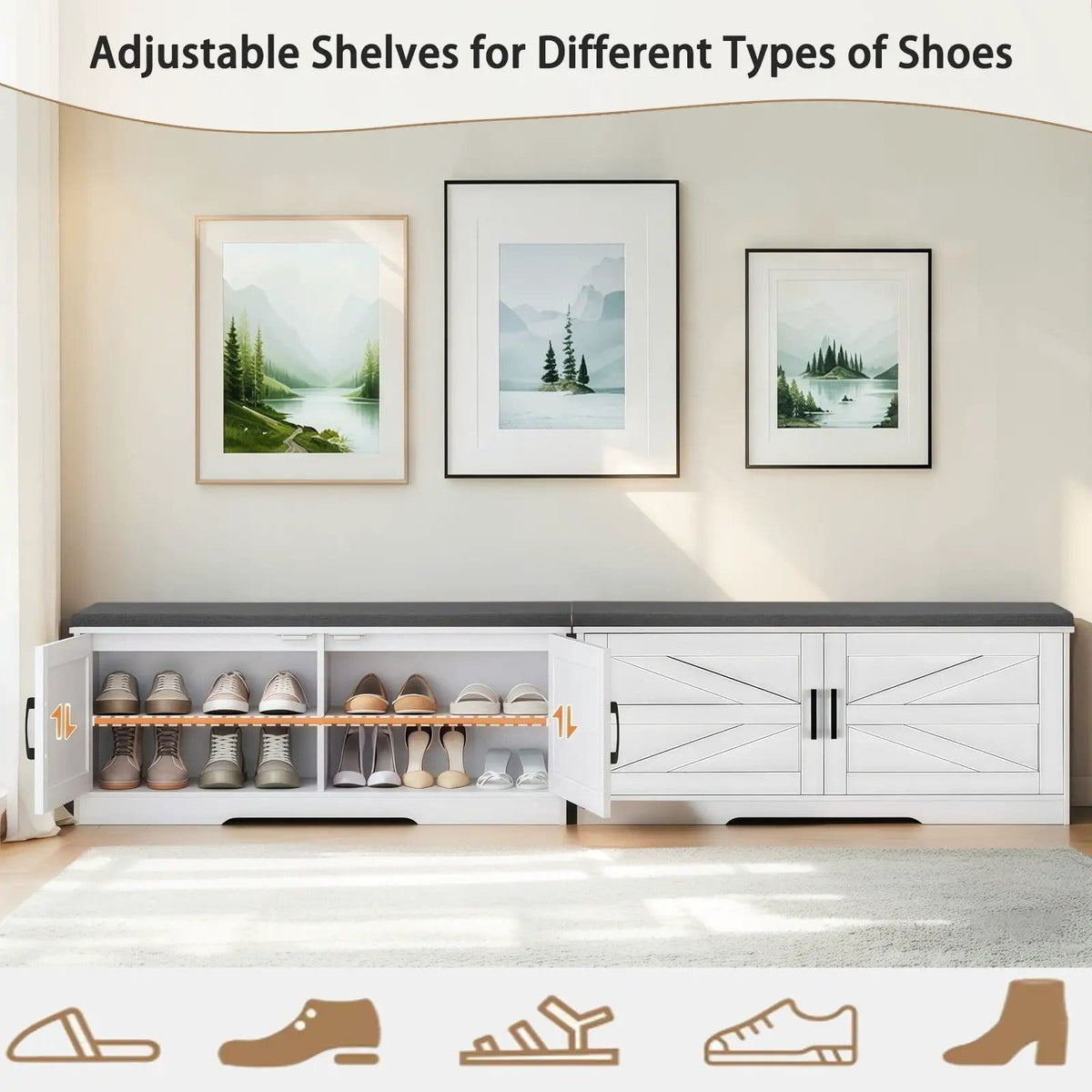2 Tier Shoe Bench With Padded Seat, 2 Barn Doors And Adjustable Shelves, For | 39.4 x 13.75 x 17.72 in | 2-Tier | White