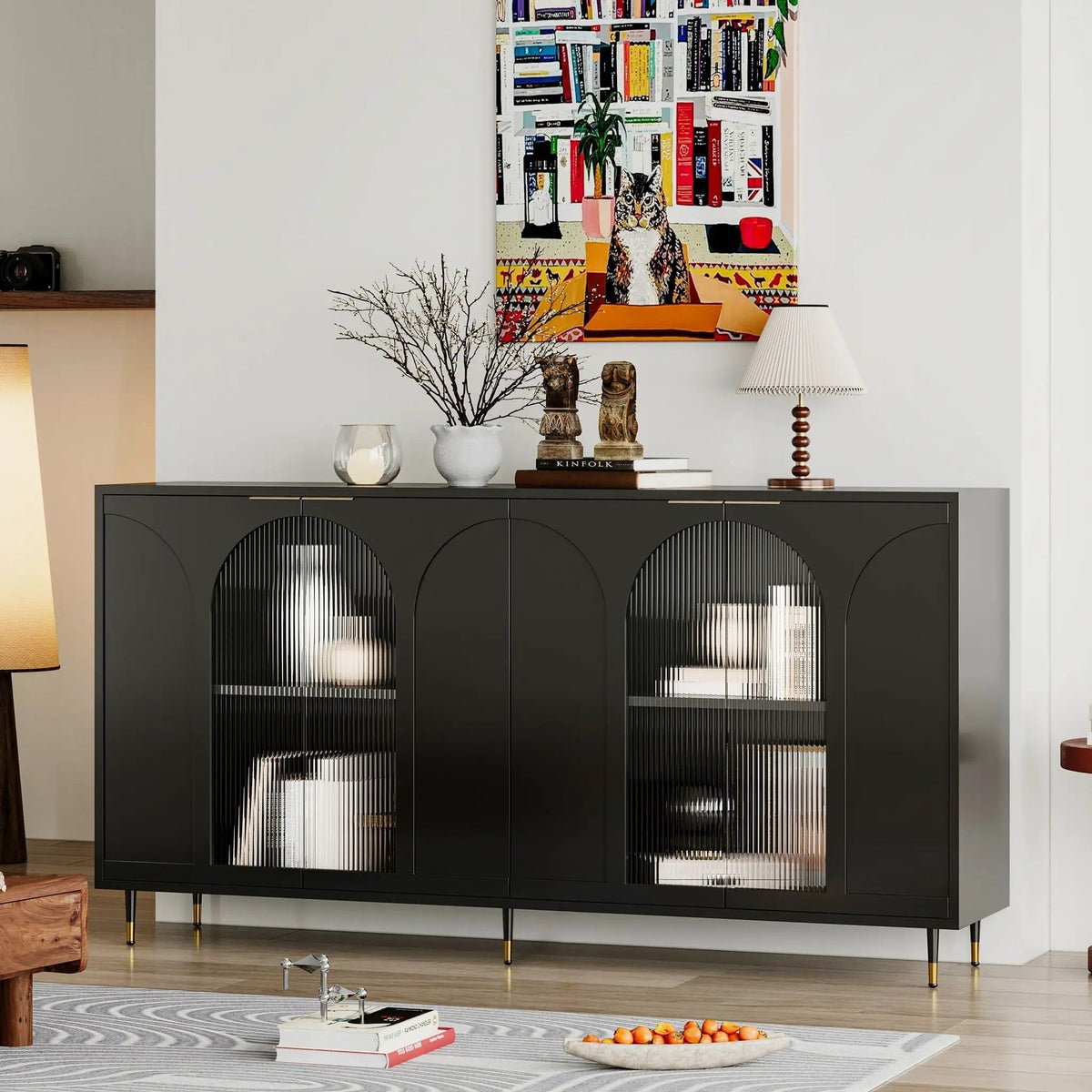 Accent Cabinet Lacquered Wooden Cabinet With 4 Glass Doors Sideboard Buffet Server | 59.84 x 15.75 x 33.46 in | Glass & Metal | Dining Room