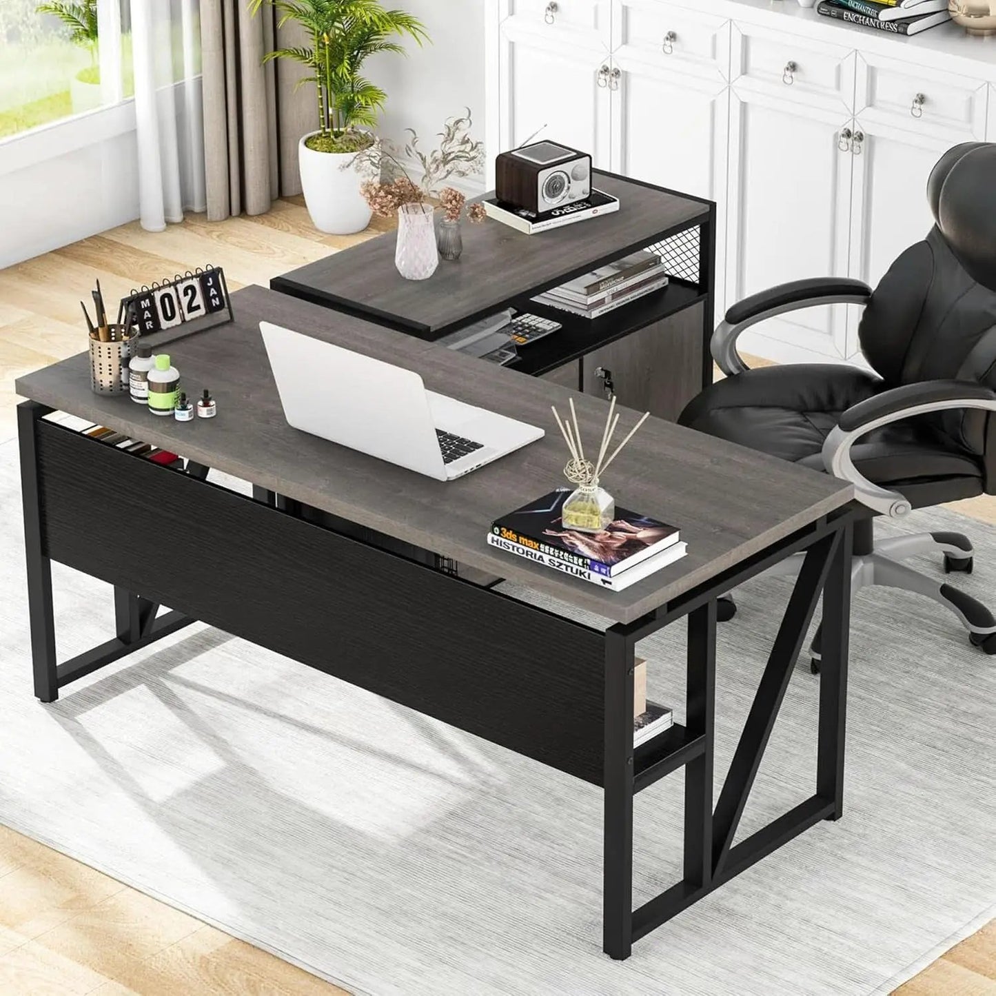 Gray L-Shaped Desk 55 Inch With Storage Cabinet For Office from PriceLows™