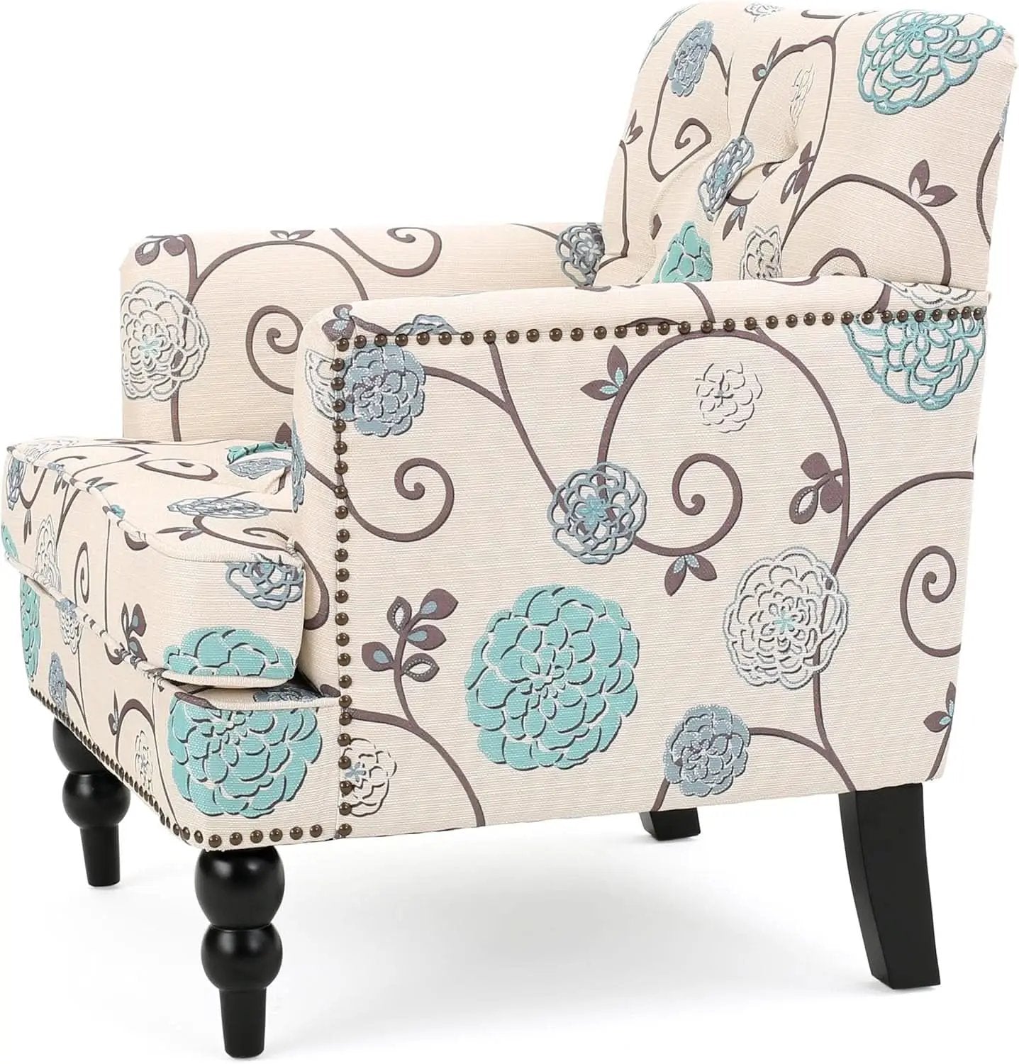Floral Tufted Club Chair In White And Blue Polyester from PriceLows™