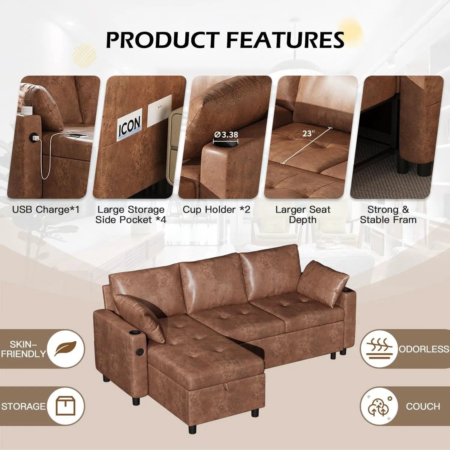 Brown Leather Sleeper Sofa Bed With Storage from PriceLows™