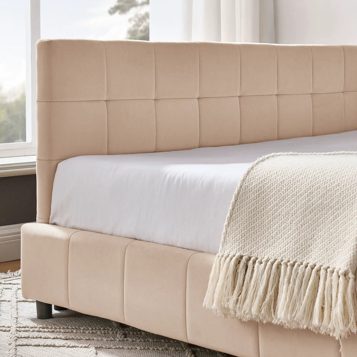 Mid-Century Storage Bed Frame | Upholstered Tufted Design | Backrest And Armrests | Bed Or Sofa Use