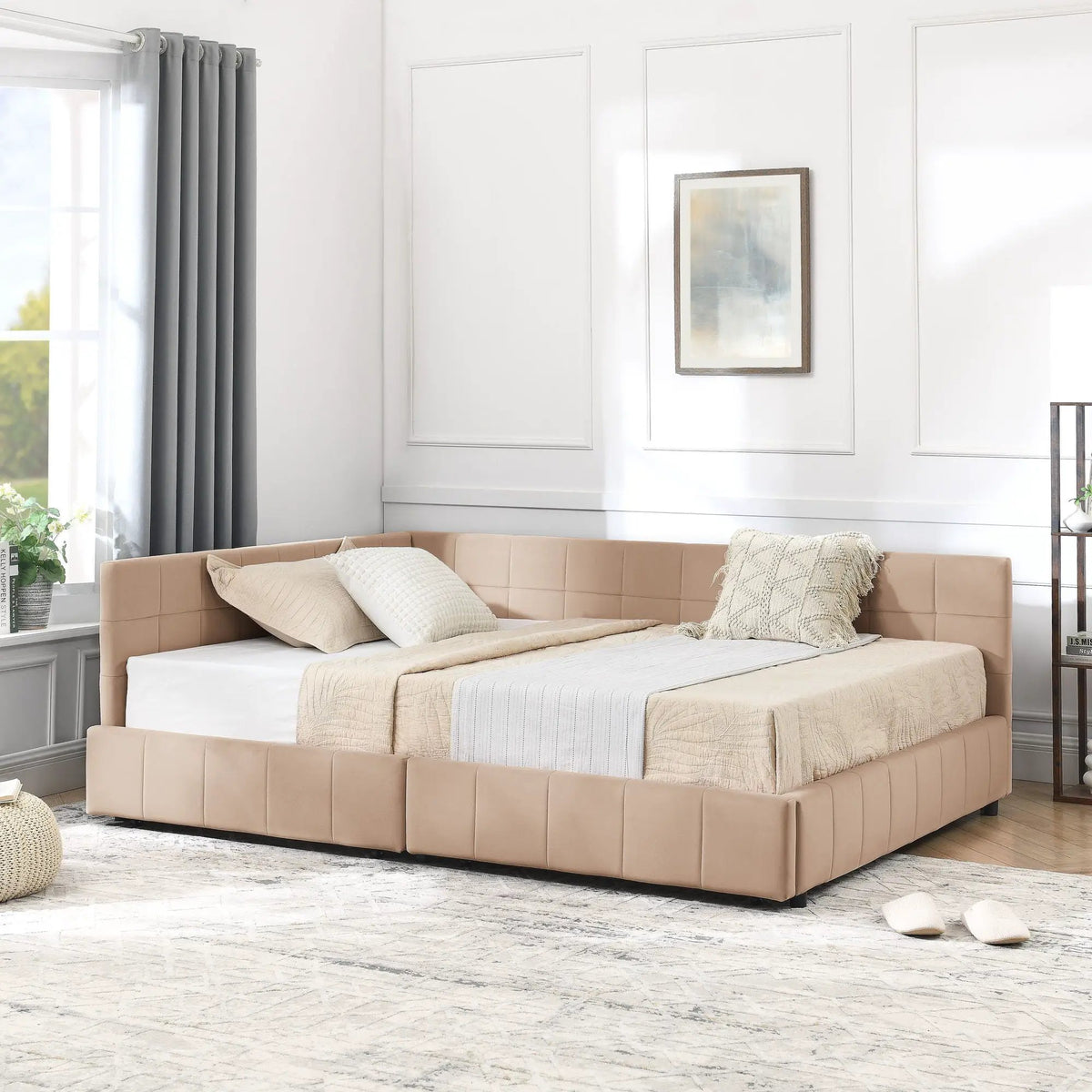 Mid-Century Storage Bed Frame | Upholstered Tufted Design | Backrest And Armrests | Bed Or Sofa Use