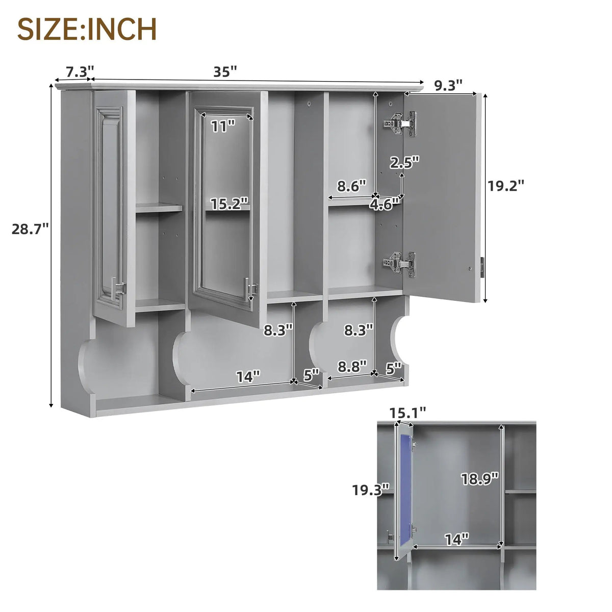 Wall Mounted Medicine Cabinet | Mirror | Open Shelves | 35 Inch Width