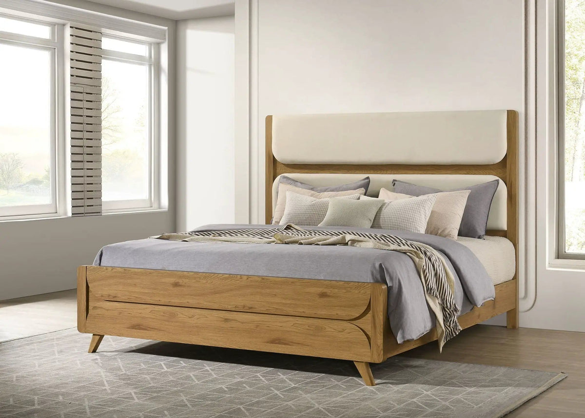 Bennett 78-inch Eastern King Upholstered Panel Bed Cream and | 78.25 x 86.5 x 59 in | Rubberwood & Engineered Wood | Light Oak