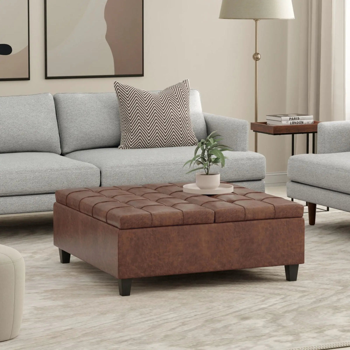 Coffee Table Storage Ottoman | Lift Top Hinge | Solid Wood Base | Large Square