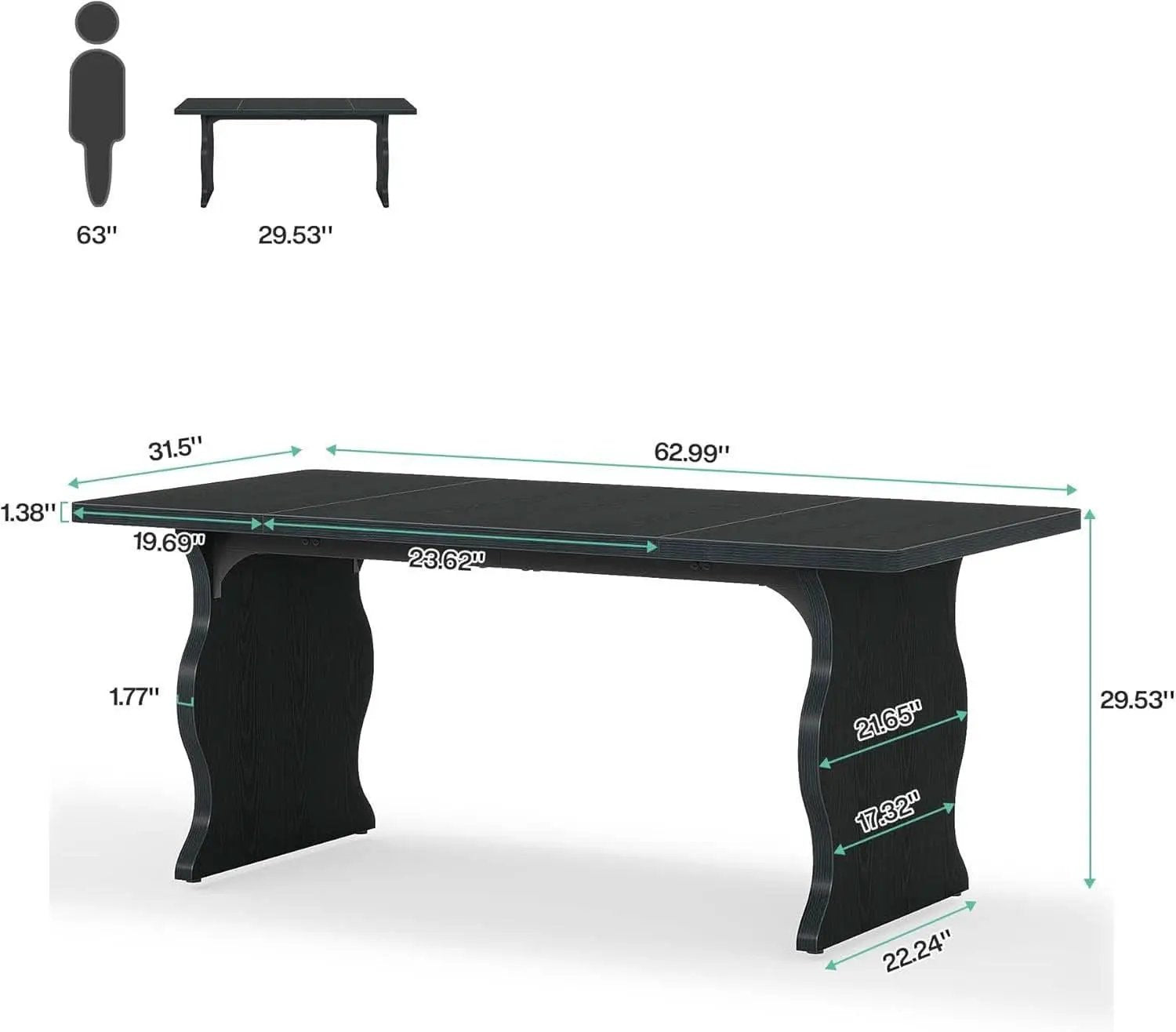 Black 63 Inch Rectangular Modern Dining Table For 4 To 6 from PriceLows™
