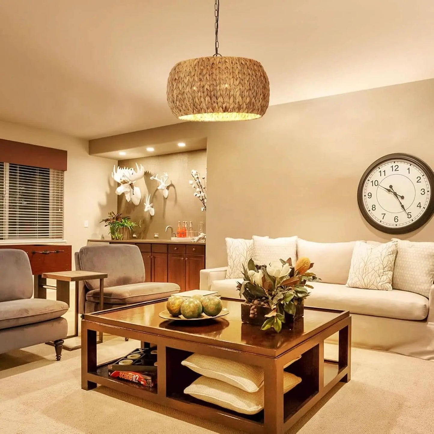 5 Light Farmhouse Rattan Chandelier Natural Water Hyacinth Shade from PriceLows™