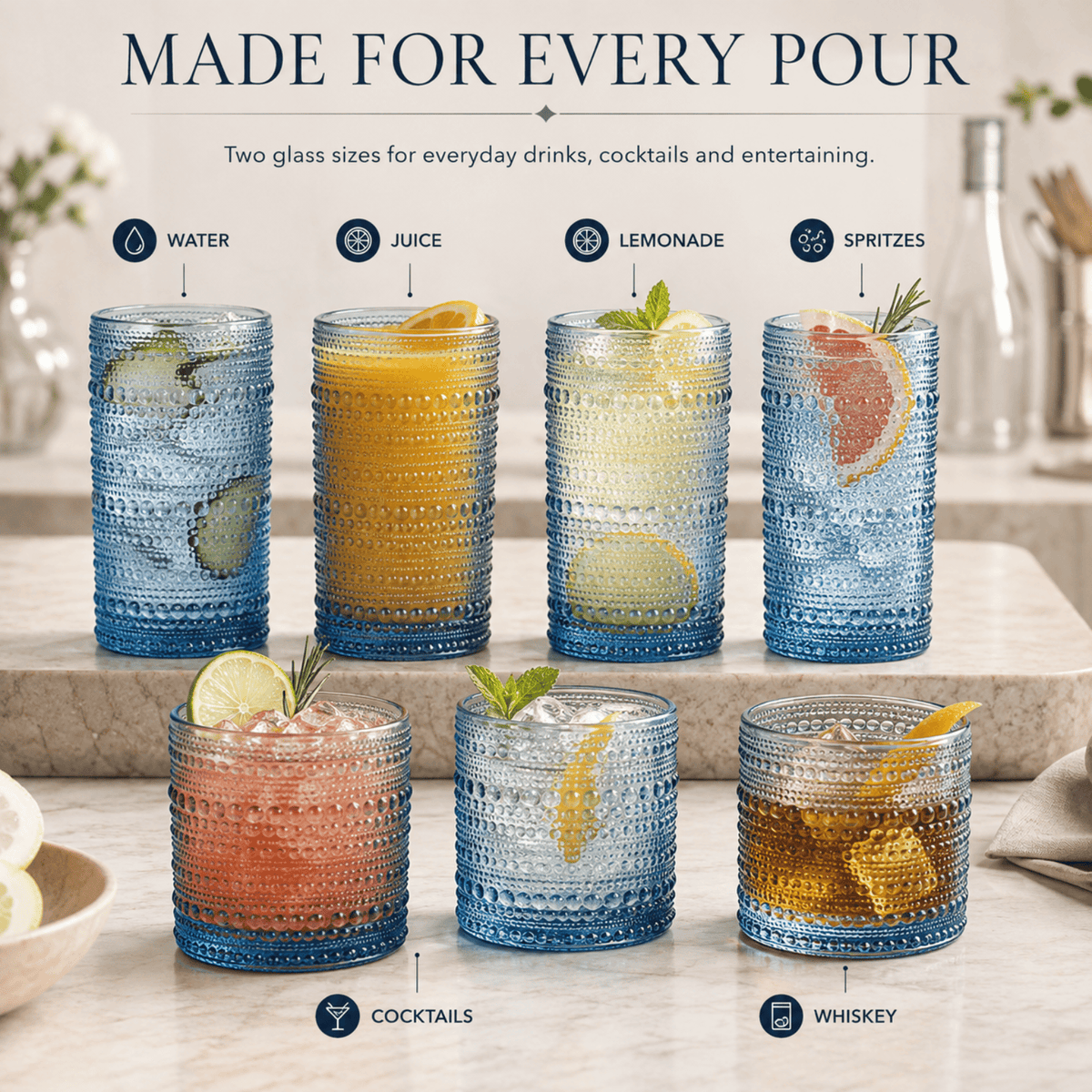 Textured Hobnail Lowball & Highball Glassware | 11 oz | Set of 12 | Highball & Lowball