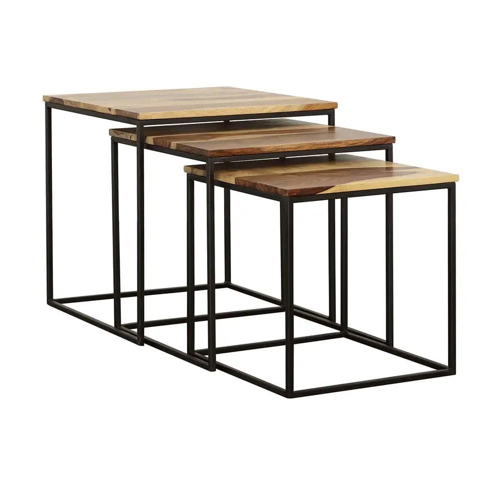 Belcourt 3-piece Square Nesting Tables Natural and | 3-Piece Set | Iron & Wood | Black
