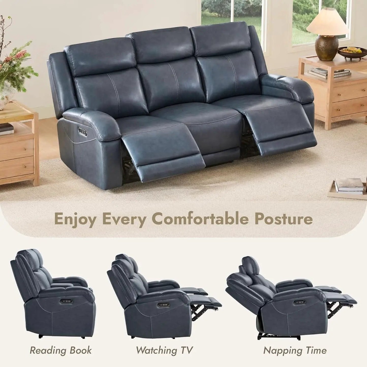 Navy Genuine Leather Power Recliner Sofa With USB Type C from PriceLows™