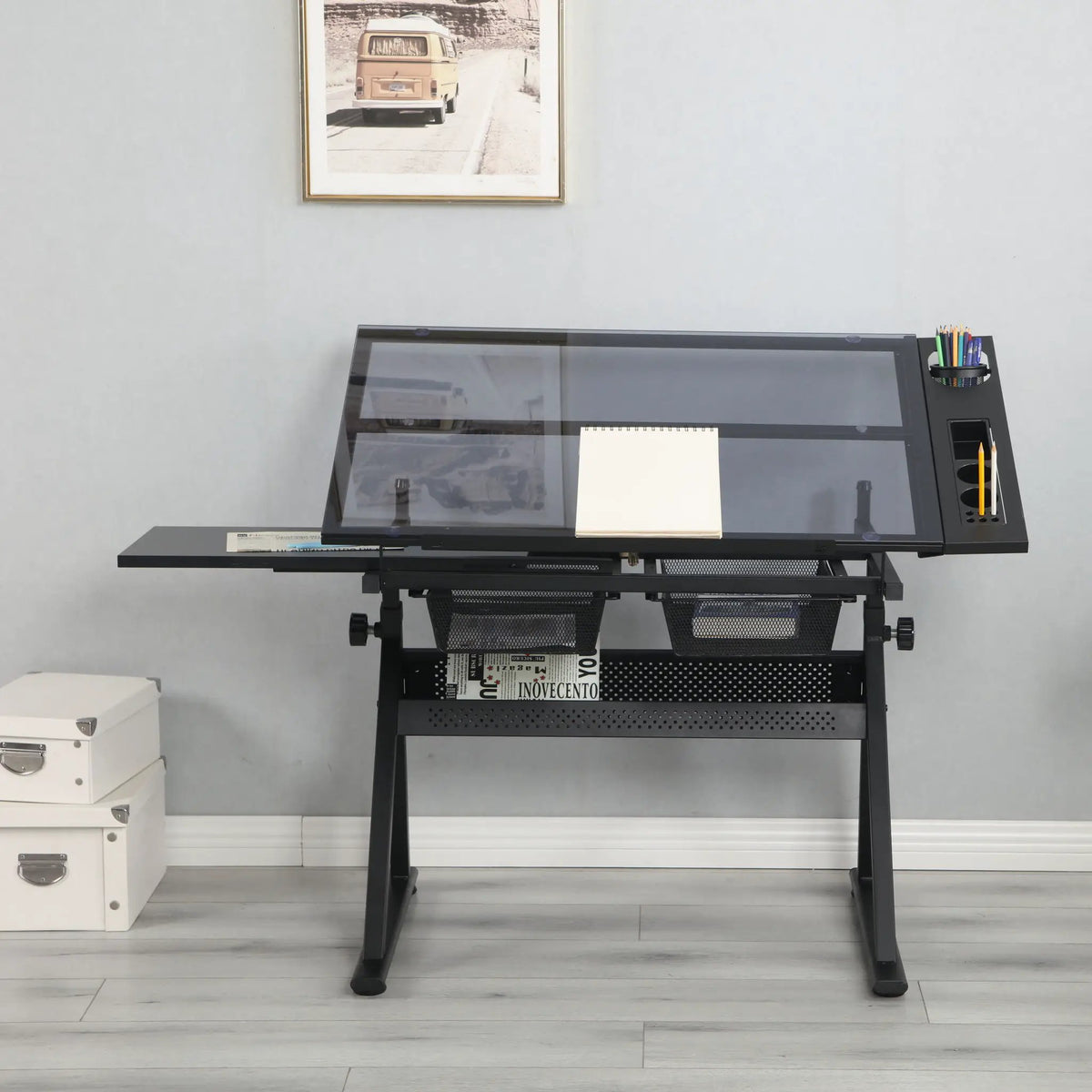 Tempered Glass Drafting Table | Adjustable Tilt 0 To 75 Degrees | Two Metal Drawers | Chair Included
