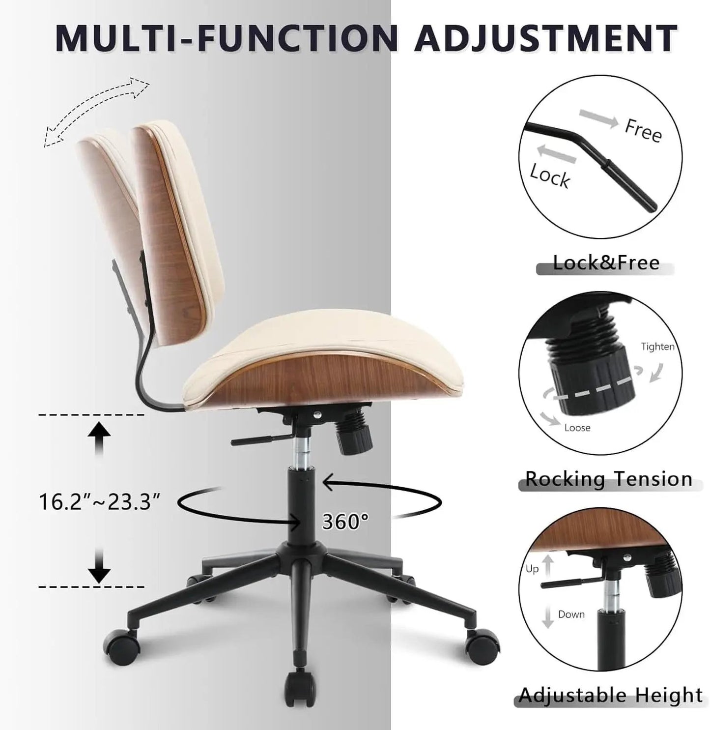 Armless Office Chair With Wheels Beige PU Leather Ergonomic from PriceLows™