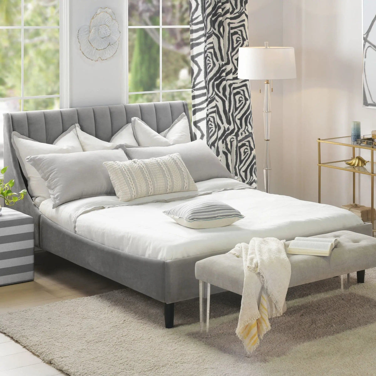 Aspen Vertical Tufted Modern Headboard Platform Bed Set | 8 Pieces | Fabric & Plywood | Bedroom