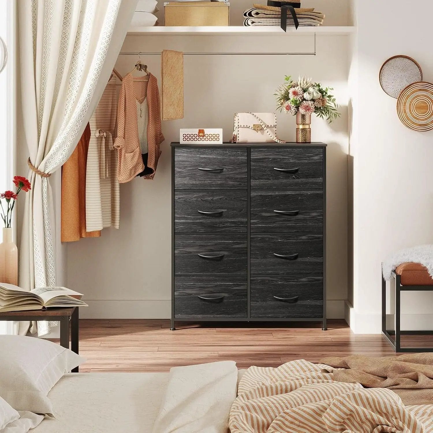 Tall Fabric Dresser With 8 Drawers In Charcoal Black Wood Grain from PriceLows™