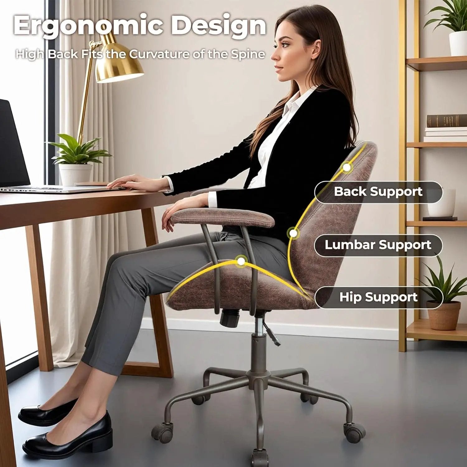 Ergonomic Leather Office Chair Dark Brown Mid Century Modern from PriceLows™