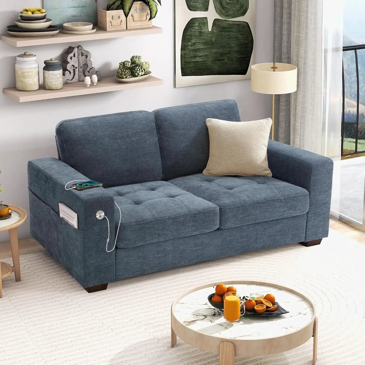 70 Inch Gray Chenille Loveseat With USB C Ports And Plush Cushions from PriceLows™