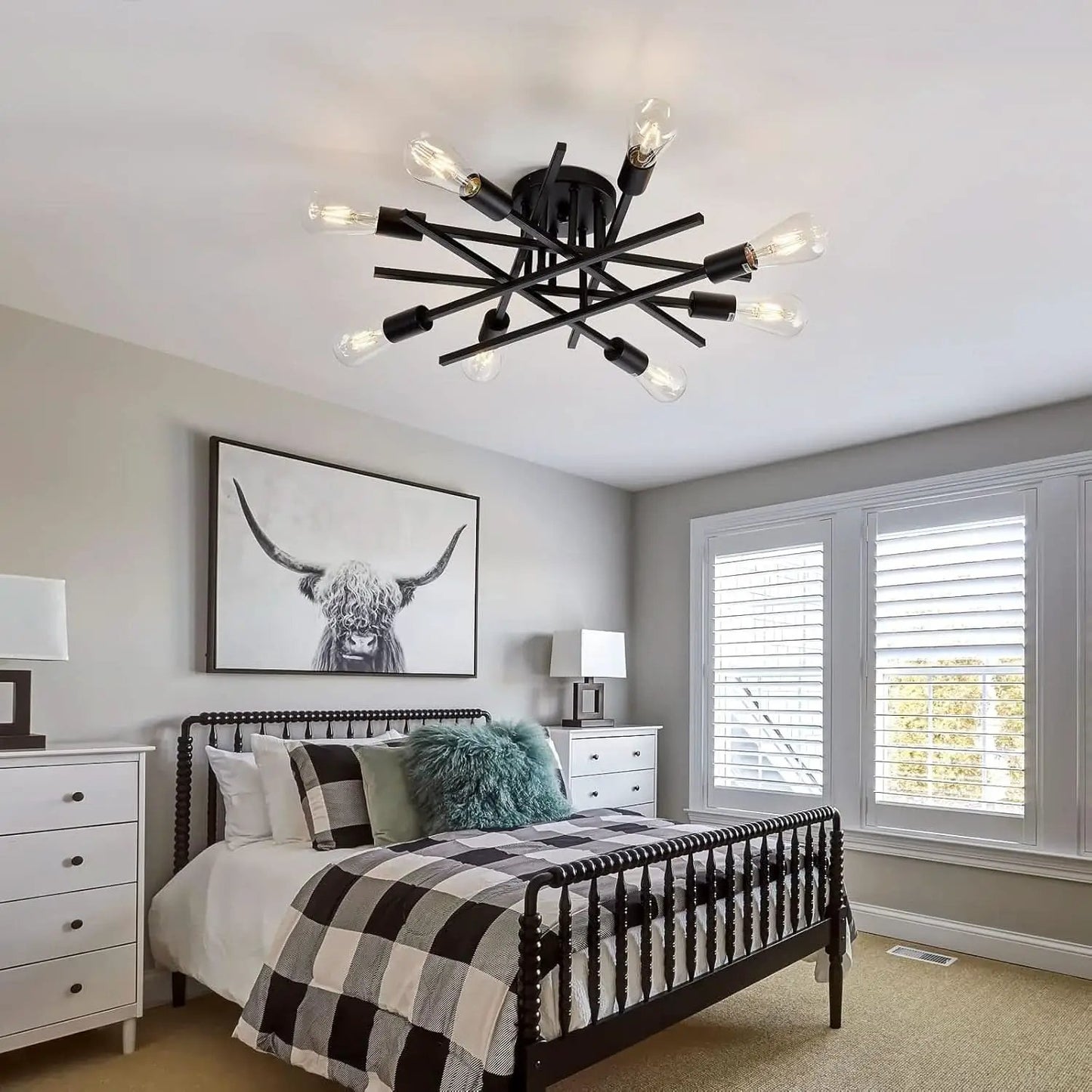 8 Light Matte Black Sputnik Chandelier Semi Flush Mount from PriceLows™