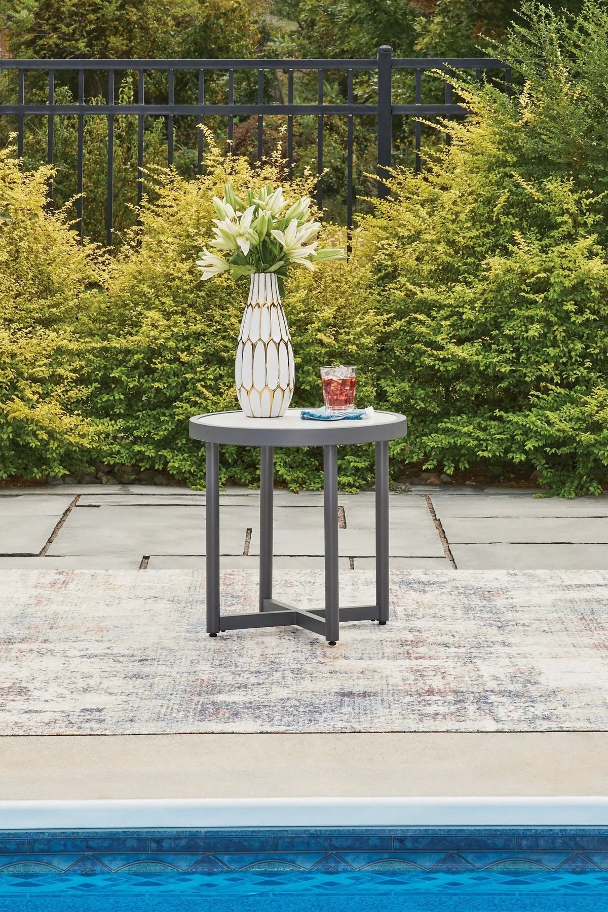 Ocean Beach Round Outdoor Table | Gray Shades | Marble Look Top | Porch And Patio