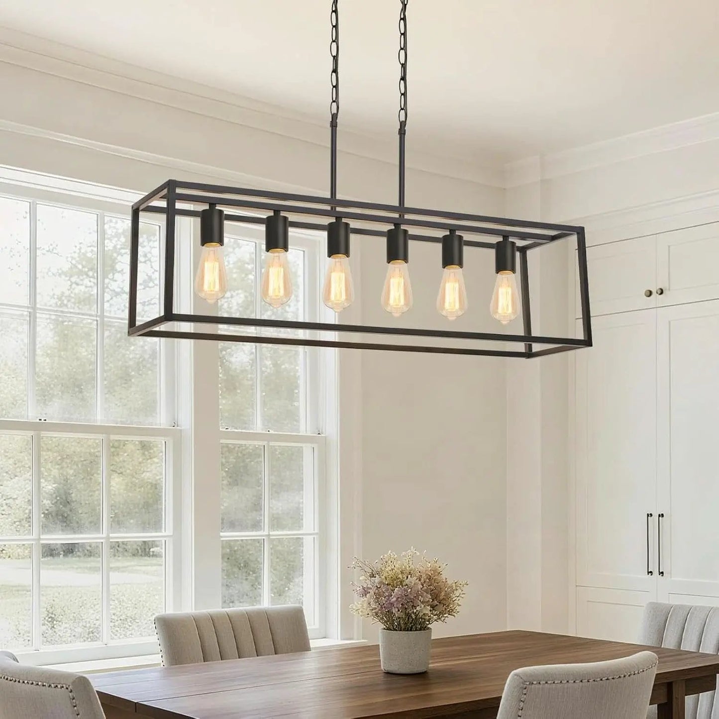 Six Light Black Linear Chandelier With Adjustable Height from PriceLows™