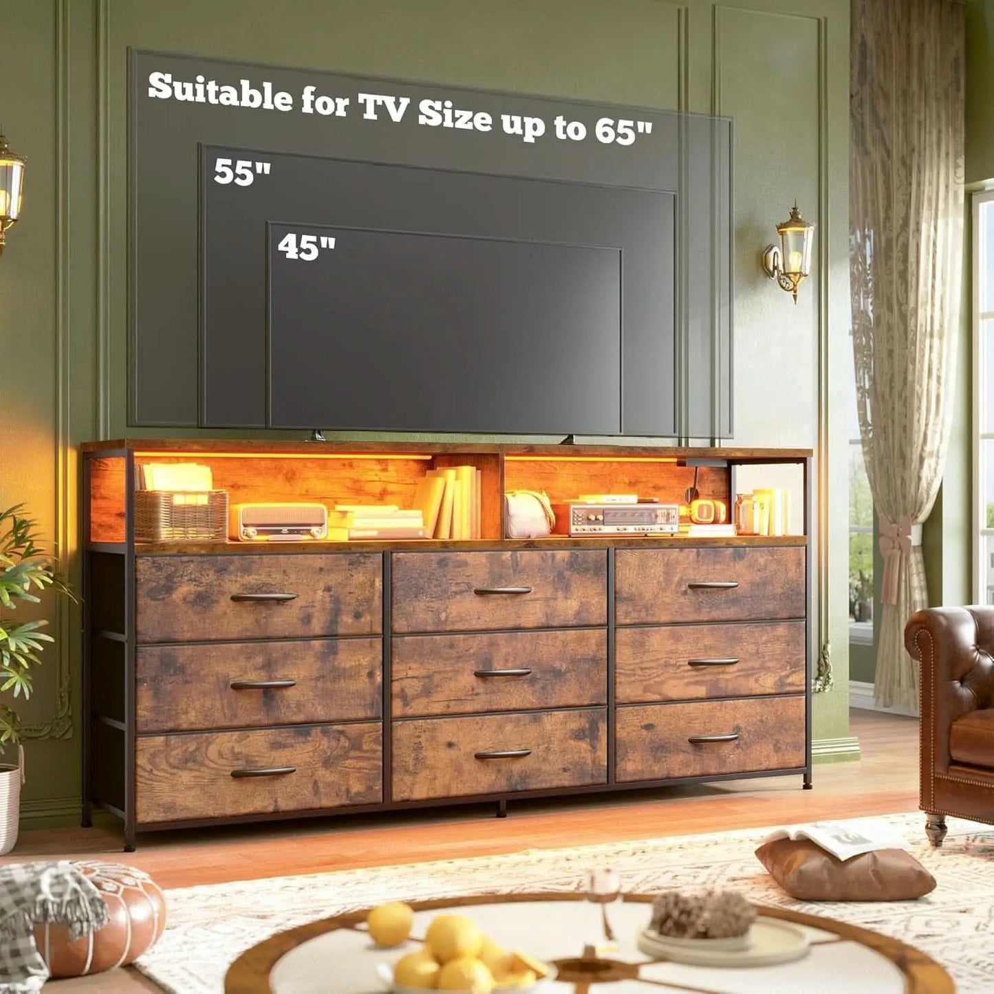 55 Inch Rustic Brown 9-Drawer Entertainment Dresser from PriceLows™