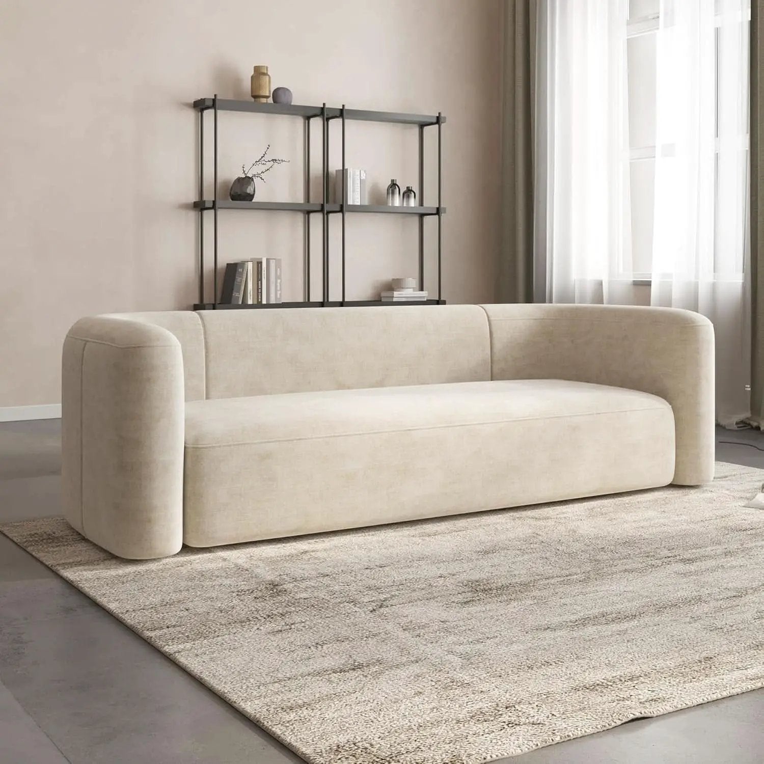 Cream Velvet 3 Seater Modern Sofa With Curved Backrest from PriceLows™