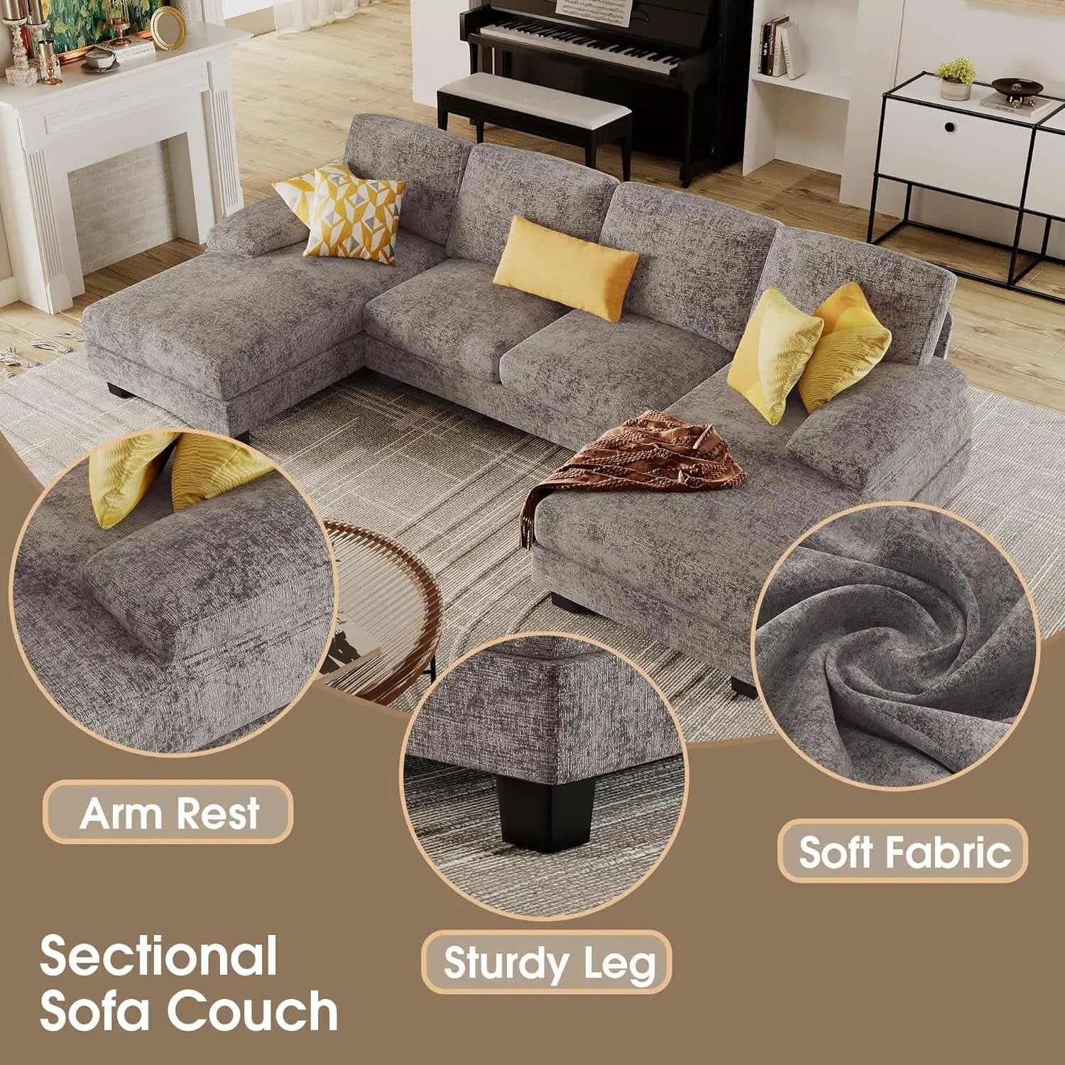 Grey Linen U Shaped Sectional Sofa Couch 4 Seat With Double Chaise from PriceLows™