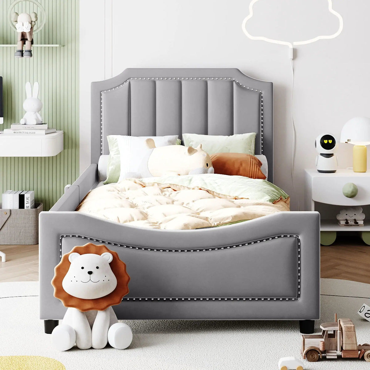 Upholstered Daybed With Classic Stripe Shaped Headboard | 2 Pieces | Pine Wood | Bedroom