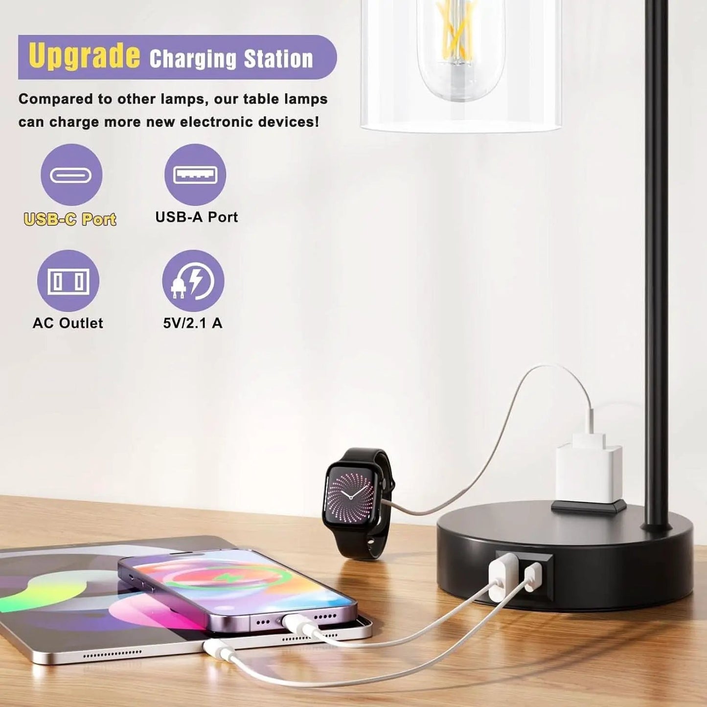 Industrial Touch Table Lamps Bundle Black 3 Way Dimmable USB from PriceLows™