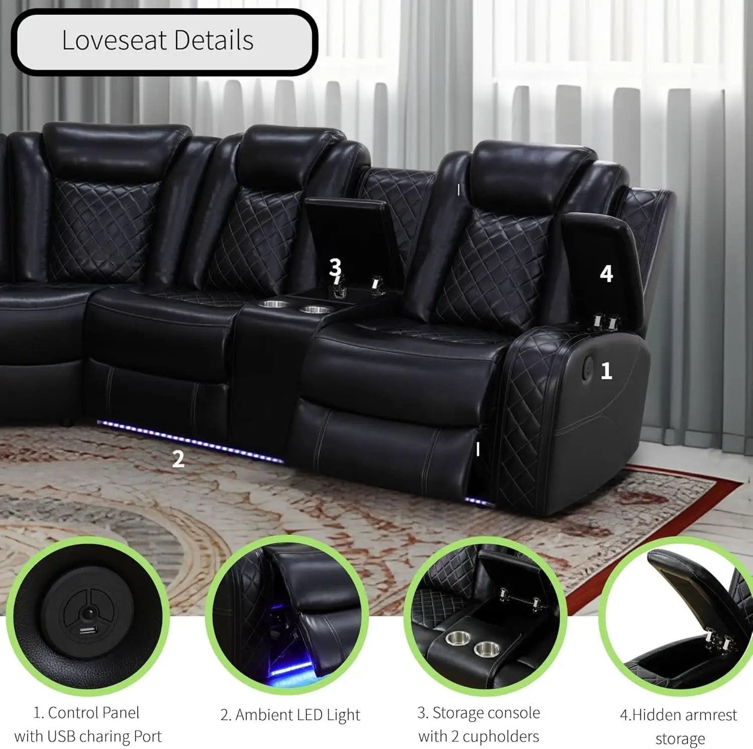 Power Recliner Sectional Sofa Black With LED Lights from PriceLows™
