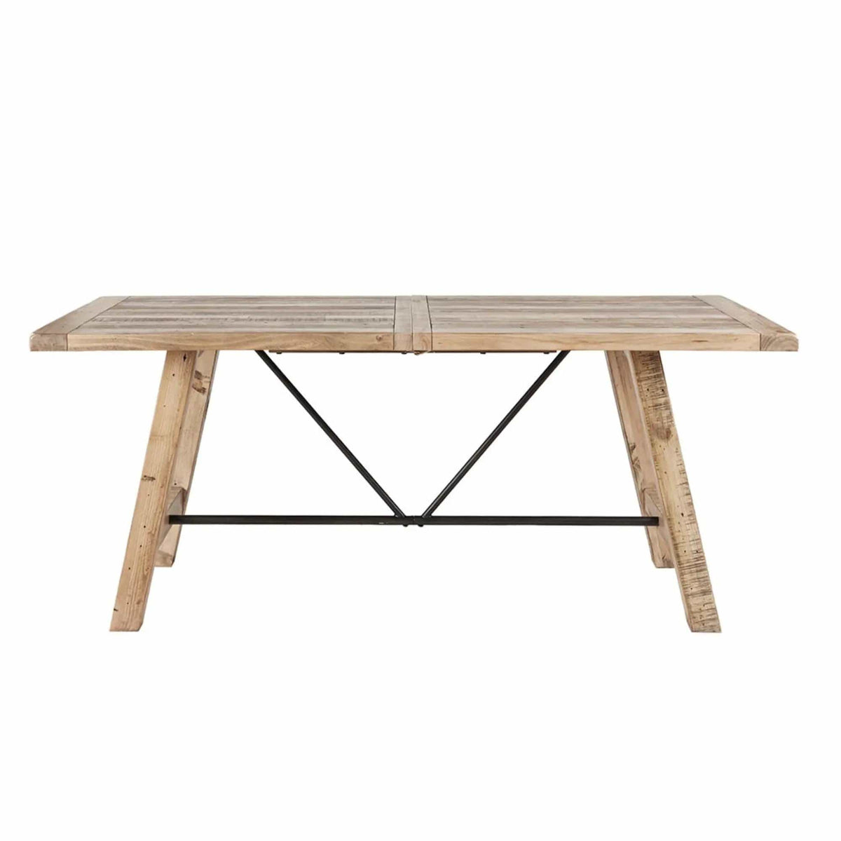 Rustic Dining Table With Metal Support - | 36 x 72 x 30 in | Pine Wood & Metal | Natural