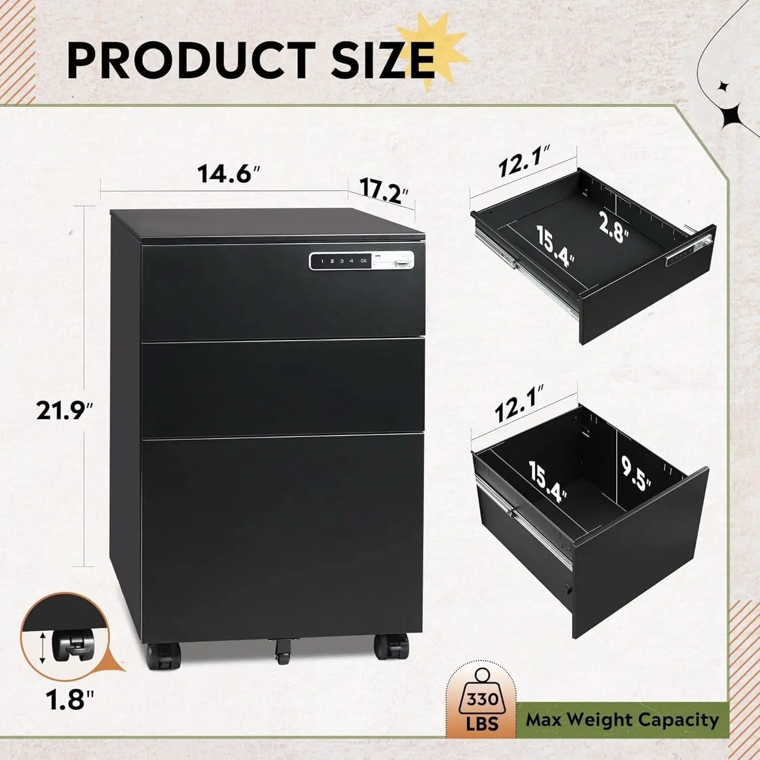 Locking 3 Drawer Steel File Cabinet With Digital Lock from PriceLows™