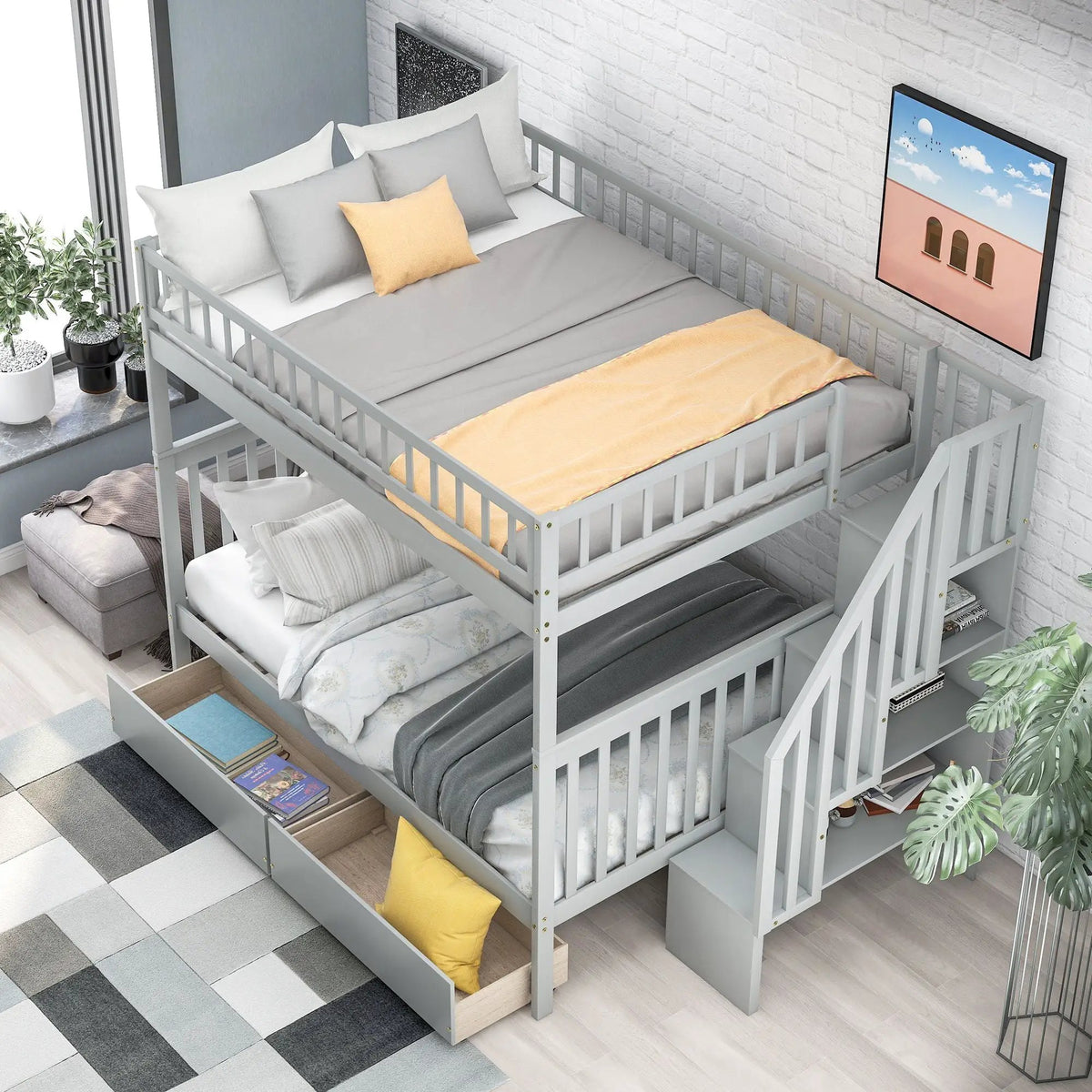 Twin Over Full Bunk Bed | Built In Staircase | Steel Frame