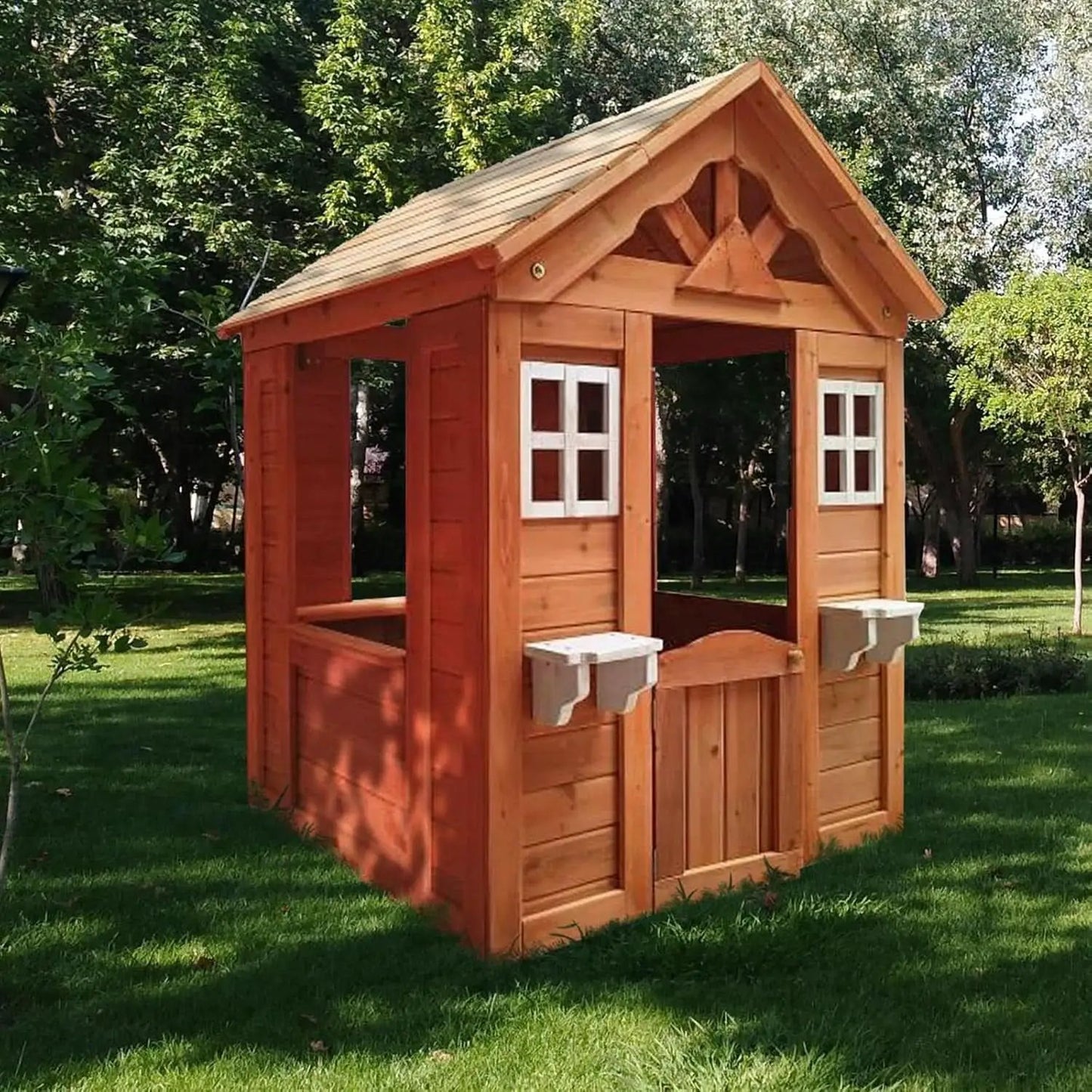Wooden Outdoor Playhouse With Two Windows Flowerpot from PriceLows™