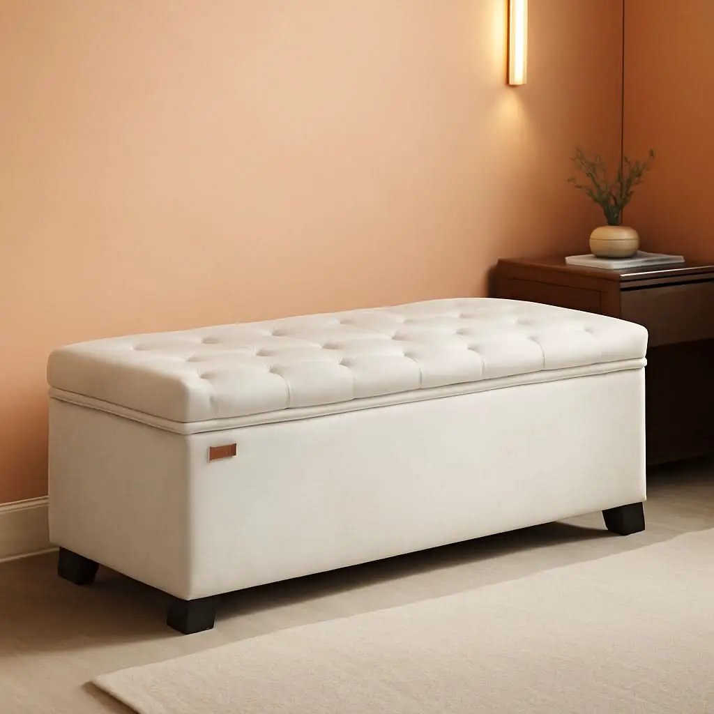 Cream Storage Ottoman Bench 43Inch Living Room Furniture from PriceLows™