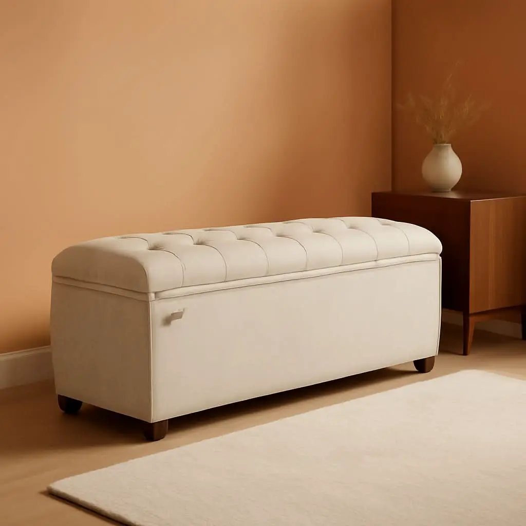 Cream Velvet Textured Storage Ottoman Bench 43Inch from PriceLows™