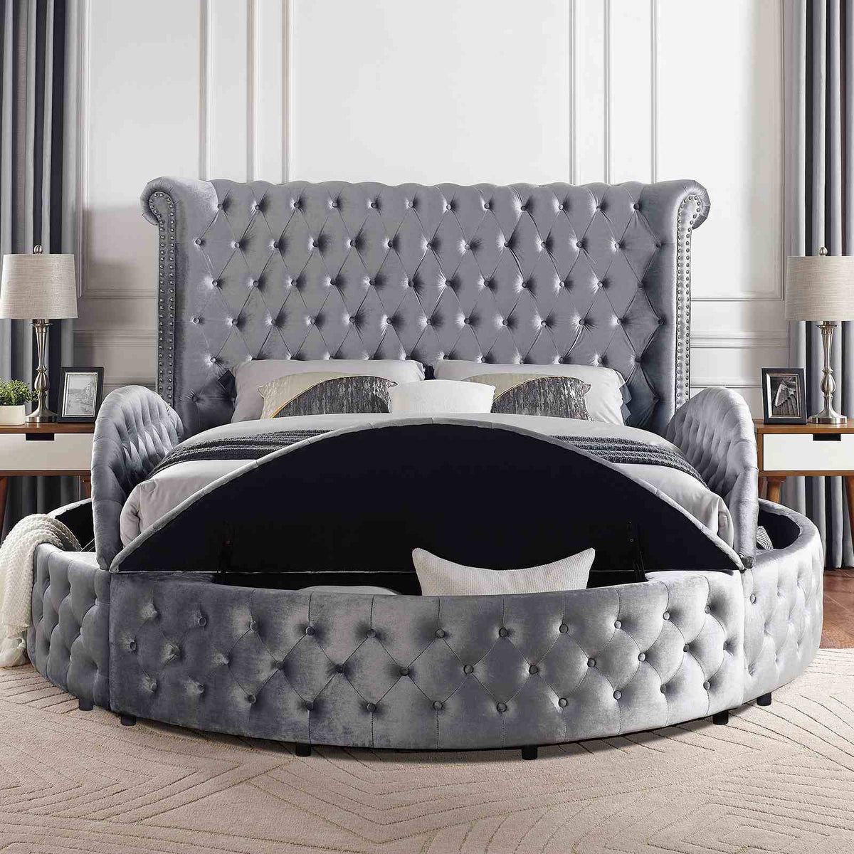 Glam Round Bed | Button Tufted Wingback Headboard | Storage | USB Ports