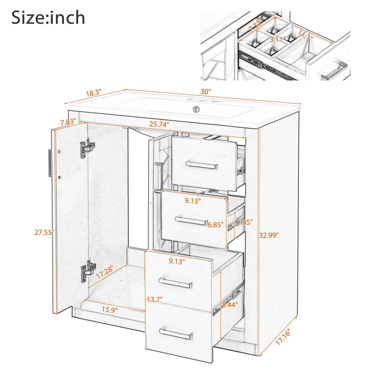 30 Inch Bathroom Vanity | Freestanding Set | 3 Drawers | Solid Wood Frame