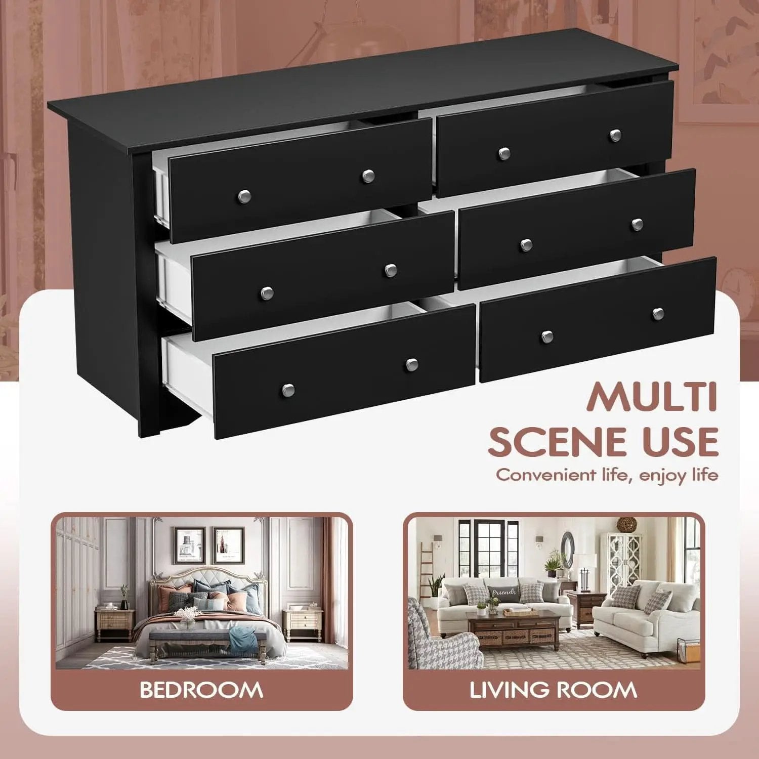 Black Dresser With 6 Drawers And TV Stand Storage Chest from PriceLows™