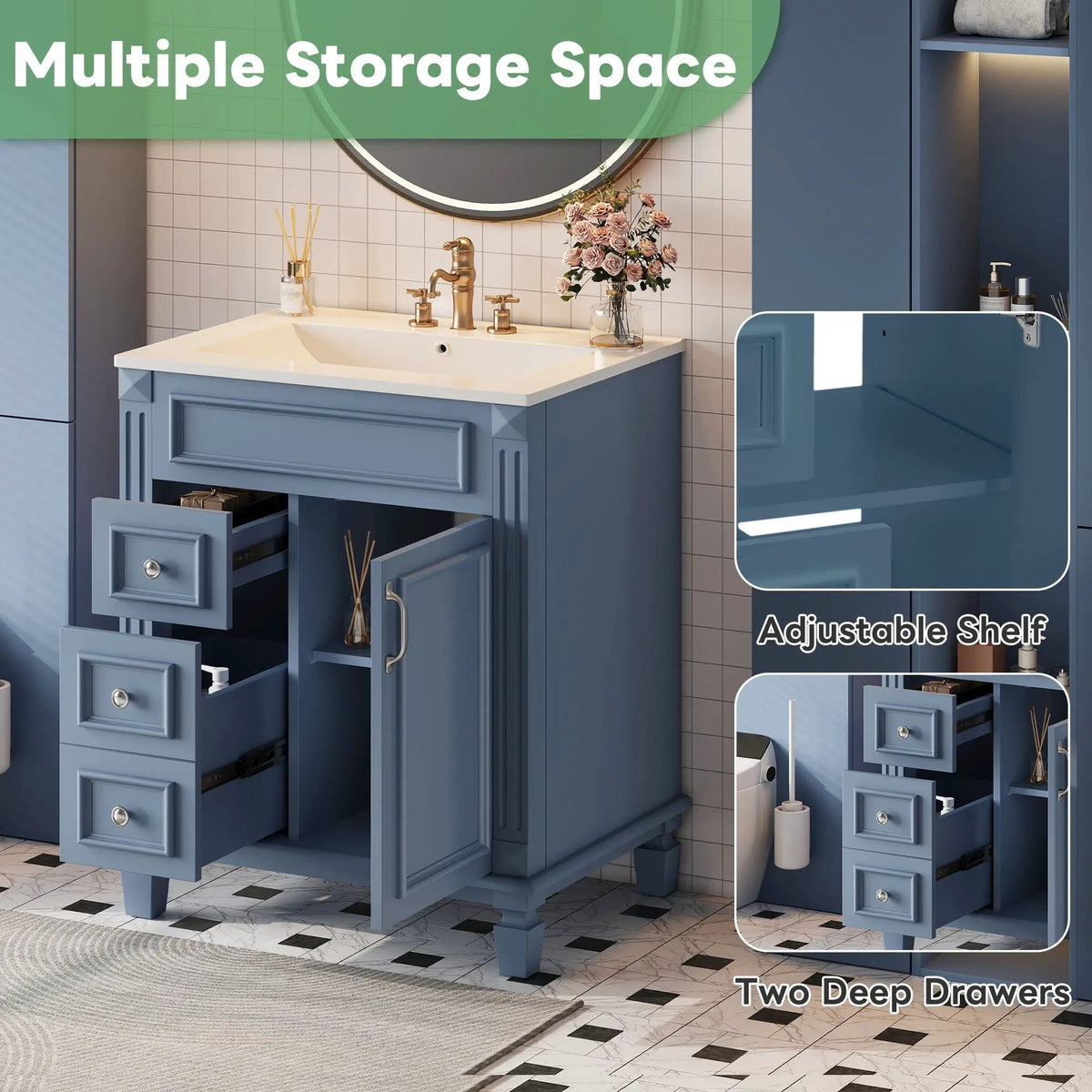 24 Inch Compact Bathroom Vanity | 2 Deep Drawers | Adjustable Shelf | Retro Button Handles
