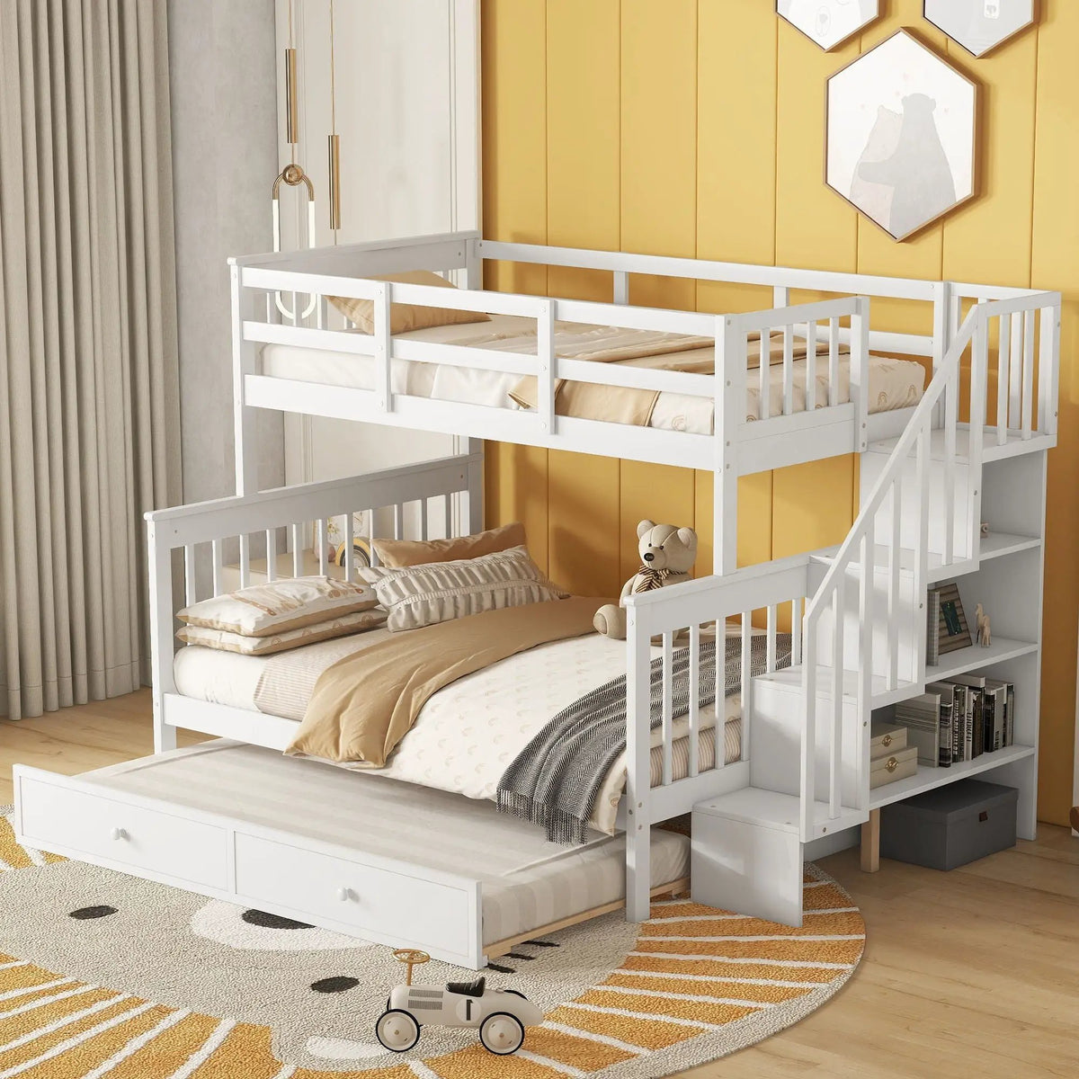 Twin Bunk Bed With Trundle | Hidden Stair Storage | Guard Rail | Bedroom Furniture