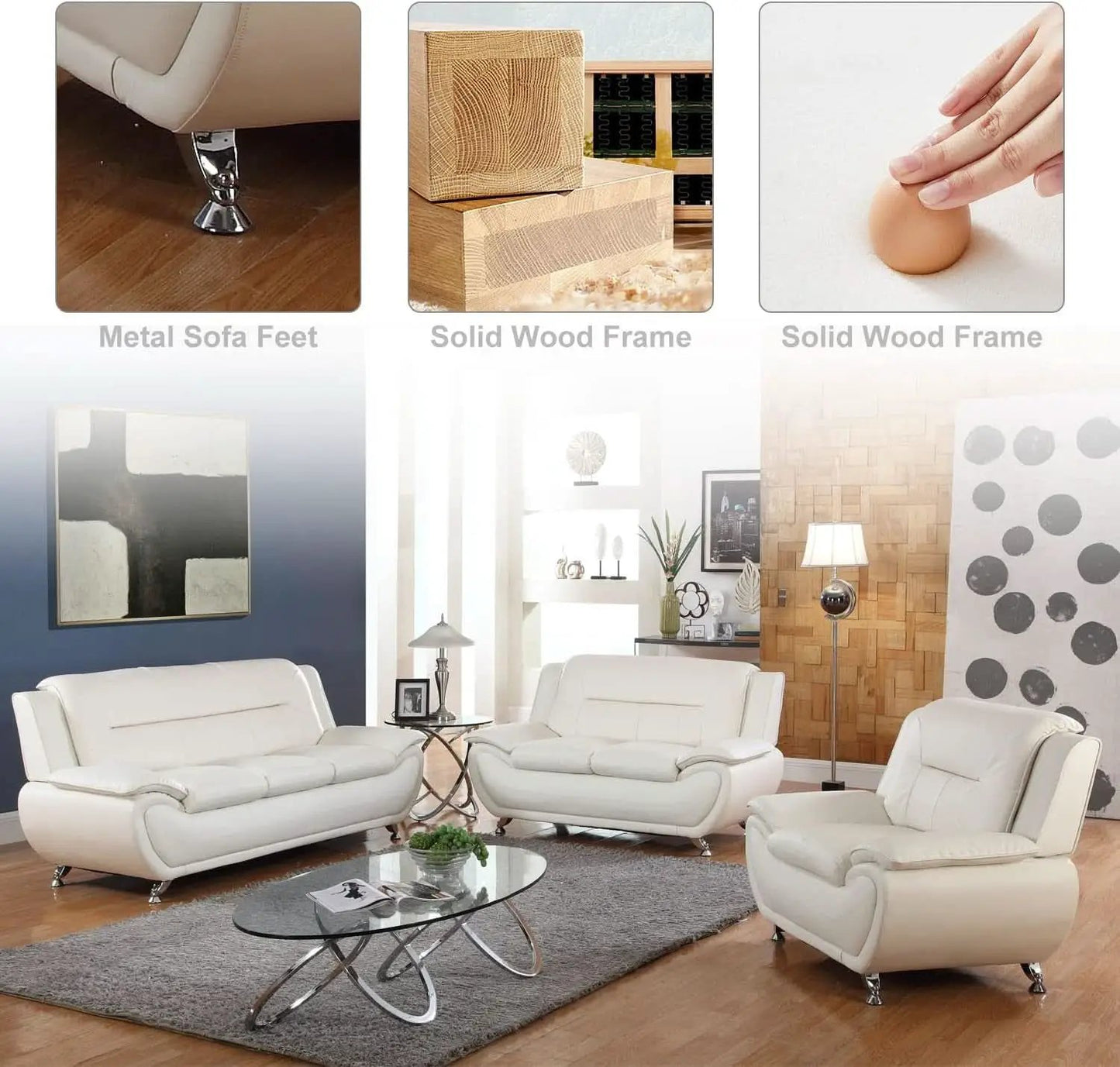 Leather 3 Piece Living Room Set Cream White With 3 Seater Sofa Loveseat And Armchair from PriceLows™