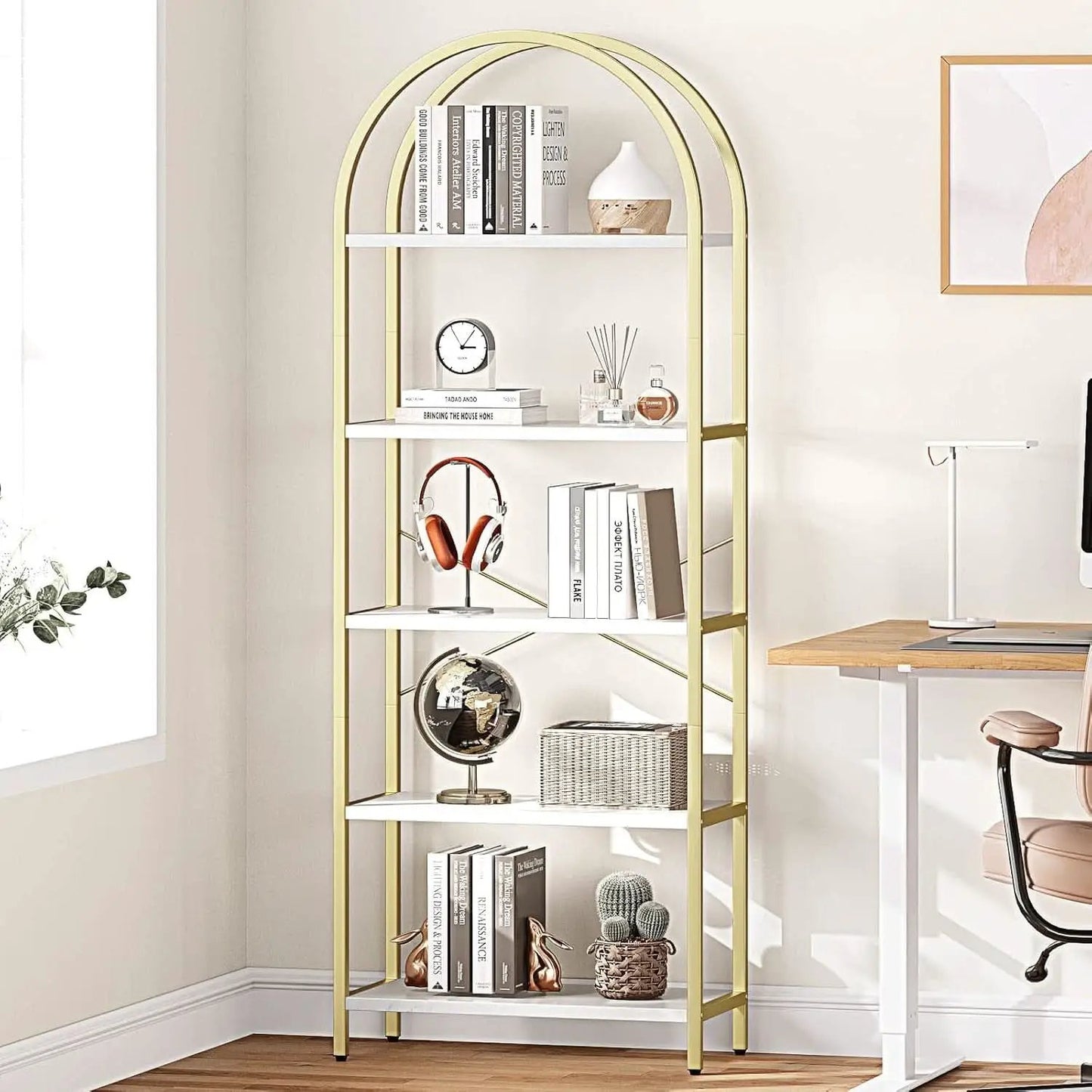5 Tier Bookshelf Arched Display White Gold Metal Frame Bookcase from PriceLows™