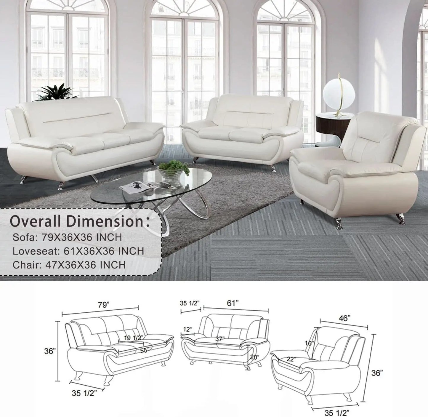 Faux Leather 3 Piece Modern Living Room Sofa Set White from PriceLows™