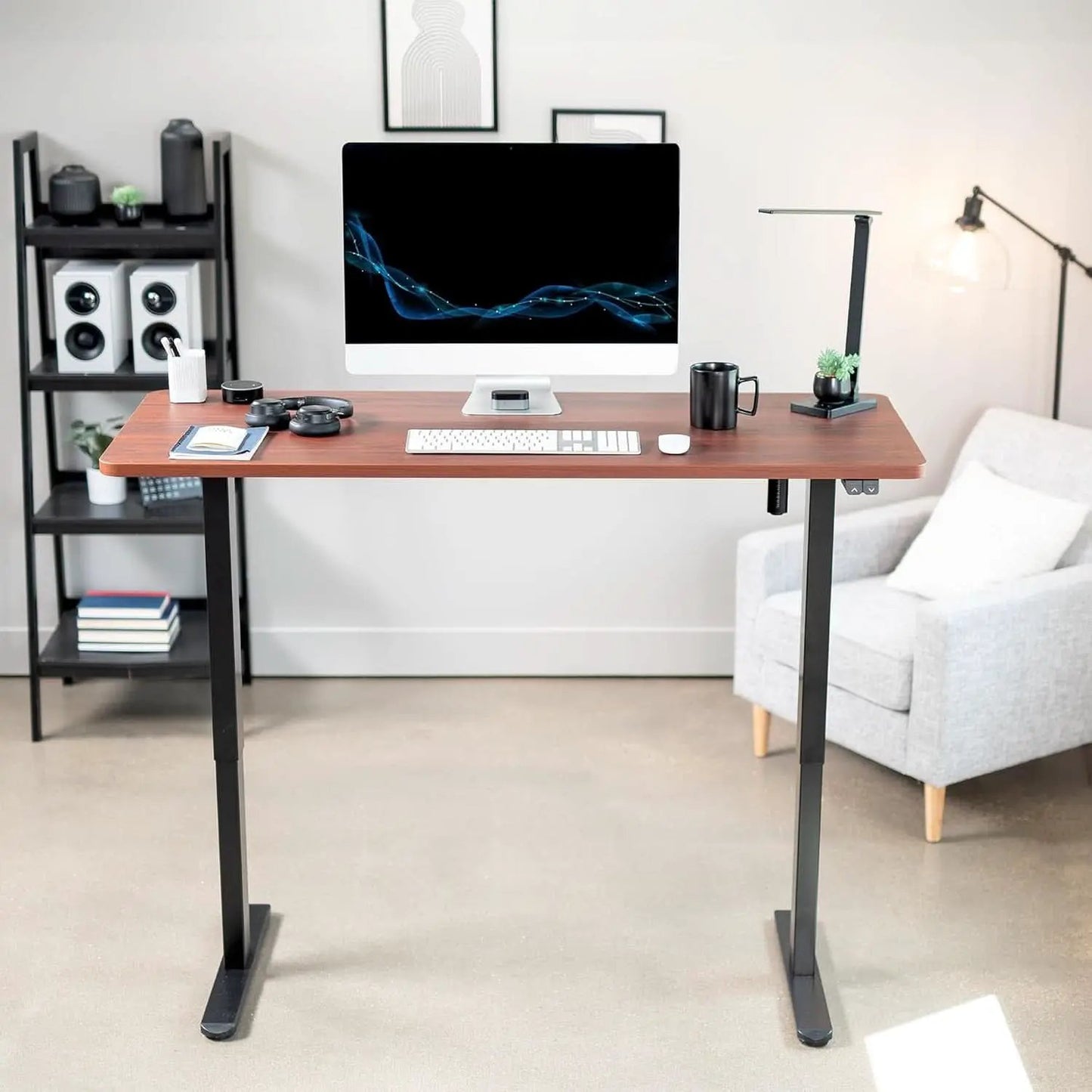 60 Inch Electric Height Adjustable Desk Dark Walnut Top Black Frame from PriceLows™